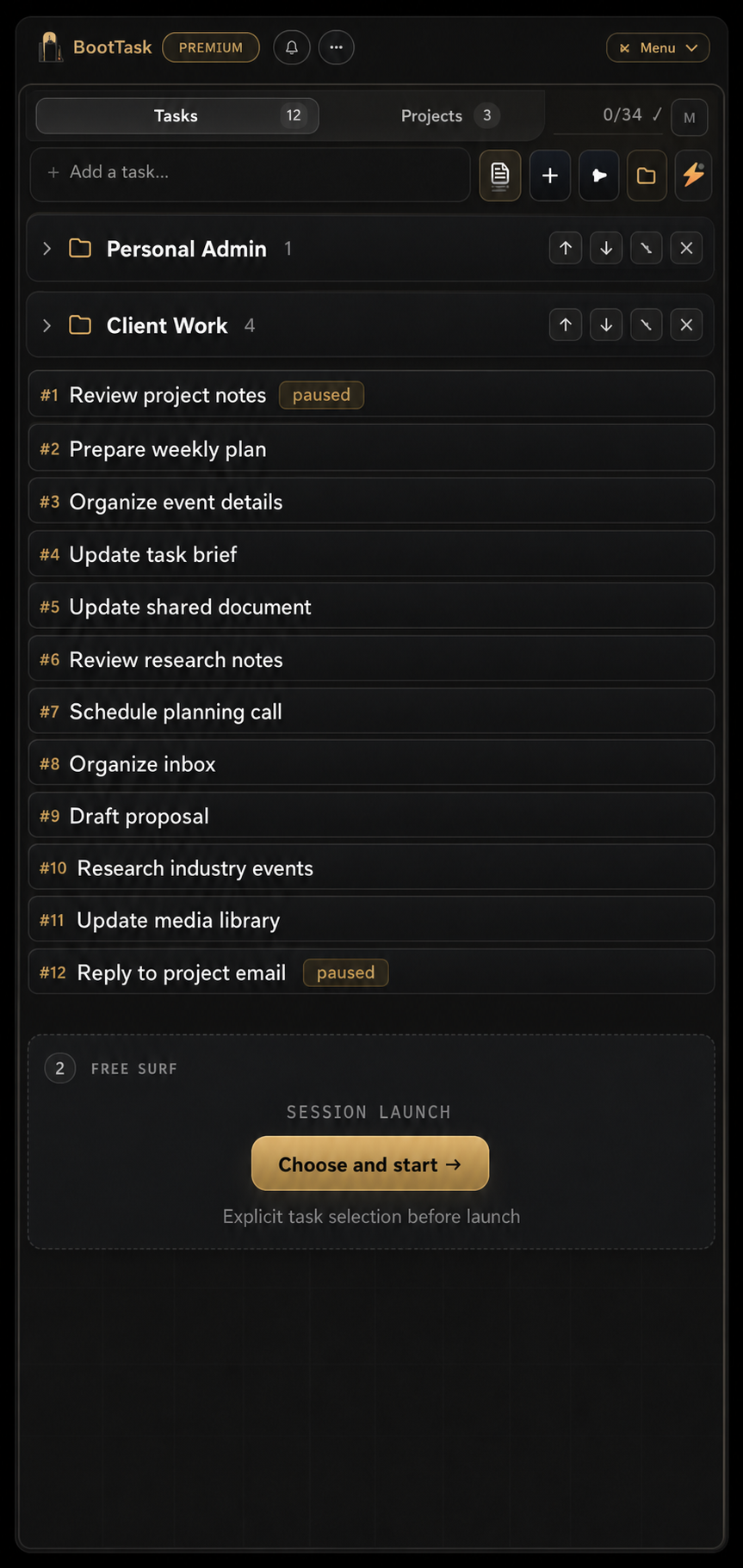 BootTask Side Panel in English showing neutral tasks, folders, Free Surf and session launch controls
